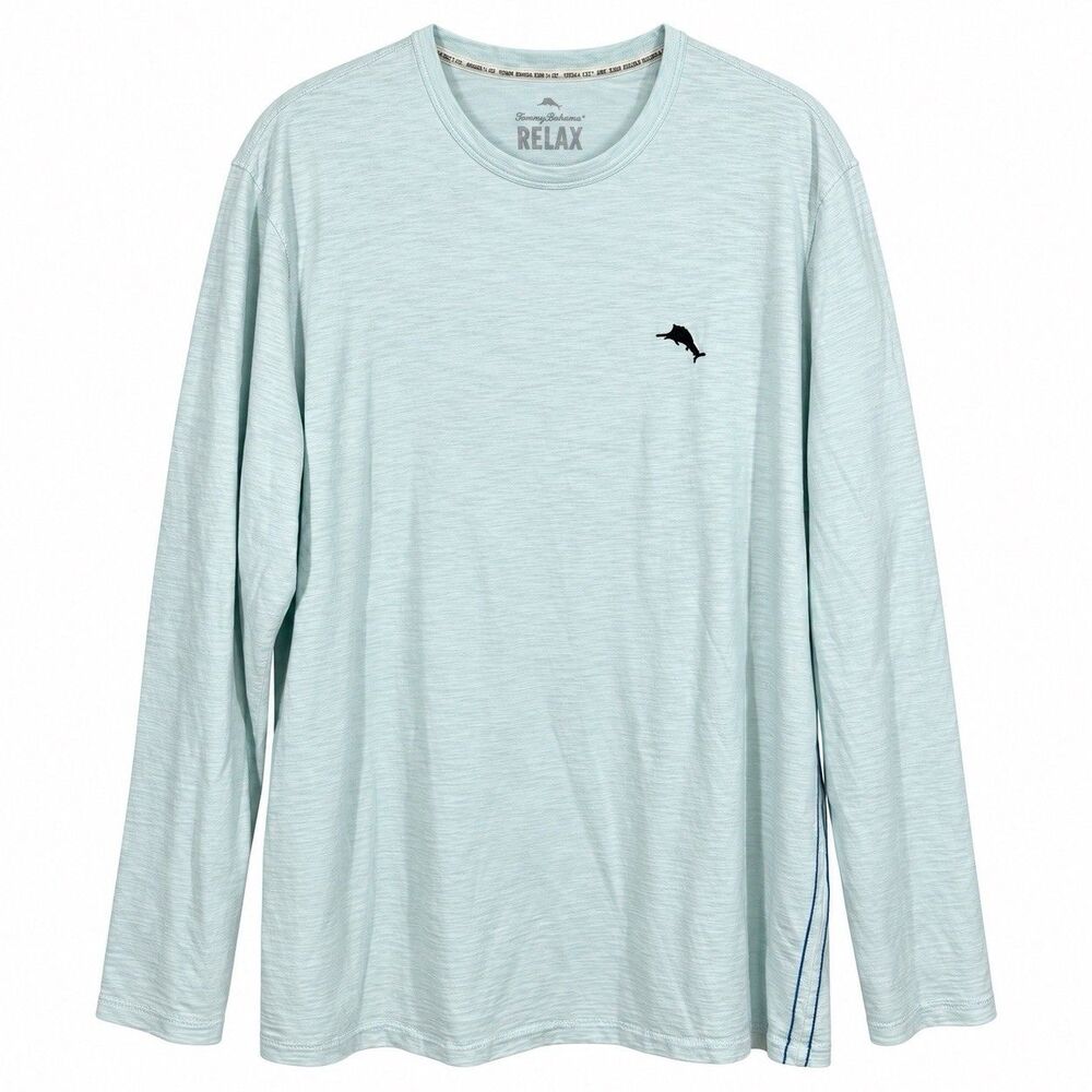 Tommy Bahama Relax Men L Pima Cotton Long Sleeve Shirt Aqua Marlin Logo Coastal